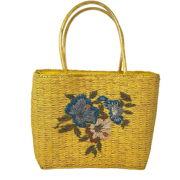 Vintage Look Embroidered Basket Weave Beach Bag Mesh Lined Yellow Casual Floral - Picture 1 of 8